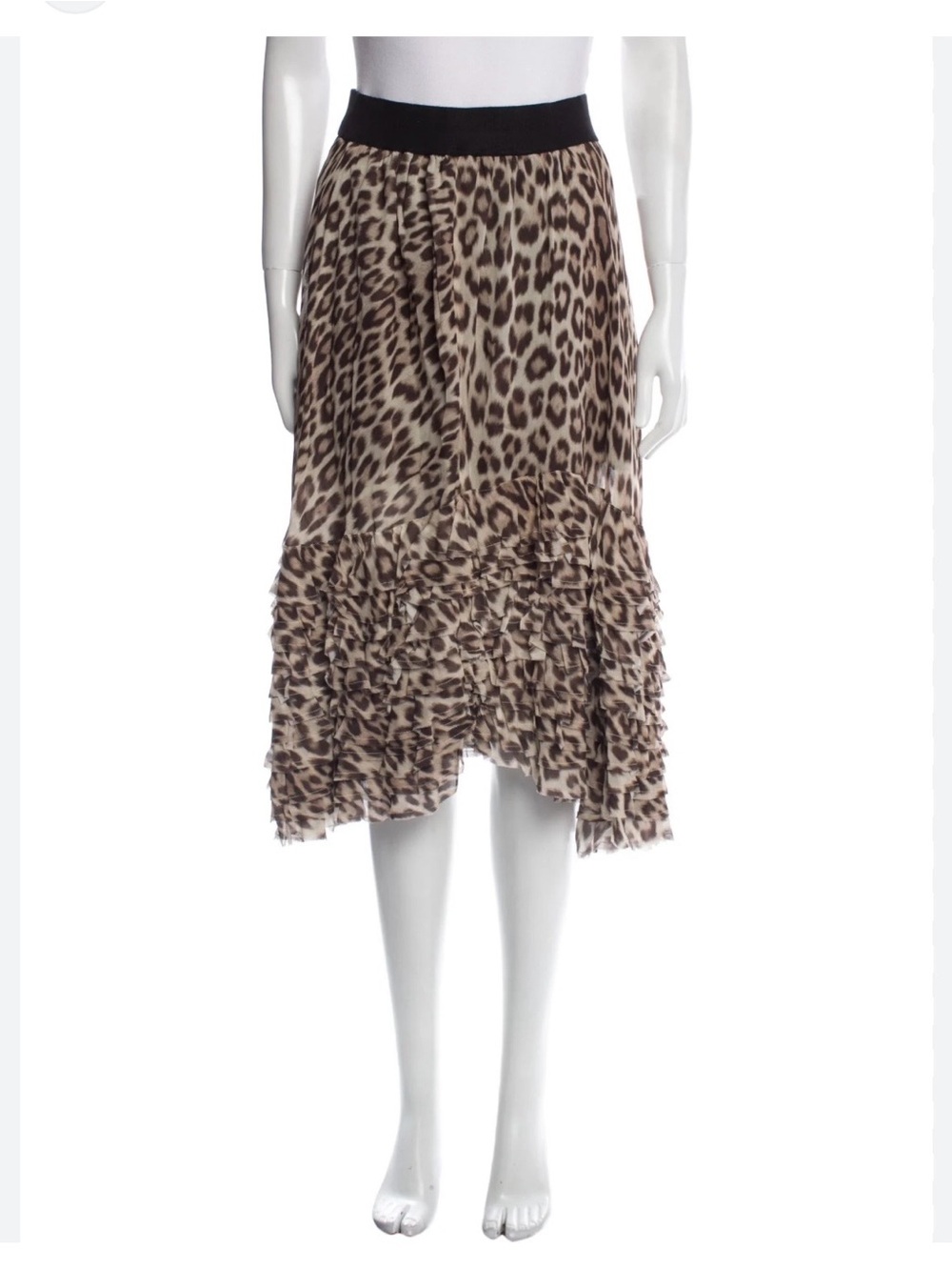 Twin-Set Leopard Print Ruffle Midi Skirt in Brown and Black